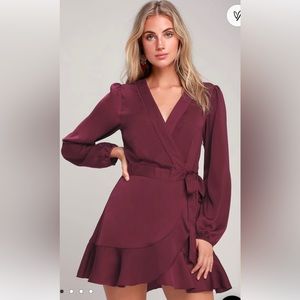 Plum Purple Long Sleeve Satin Wrap Dress